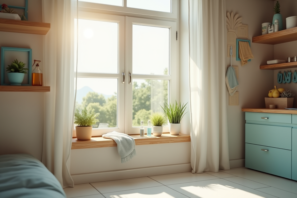 Personne nettoyant une fenêtre dans un intérieur moderne et lumineux