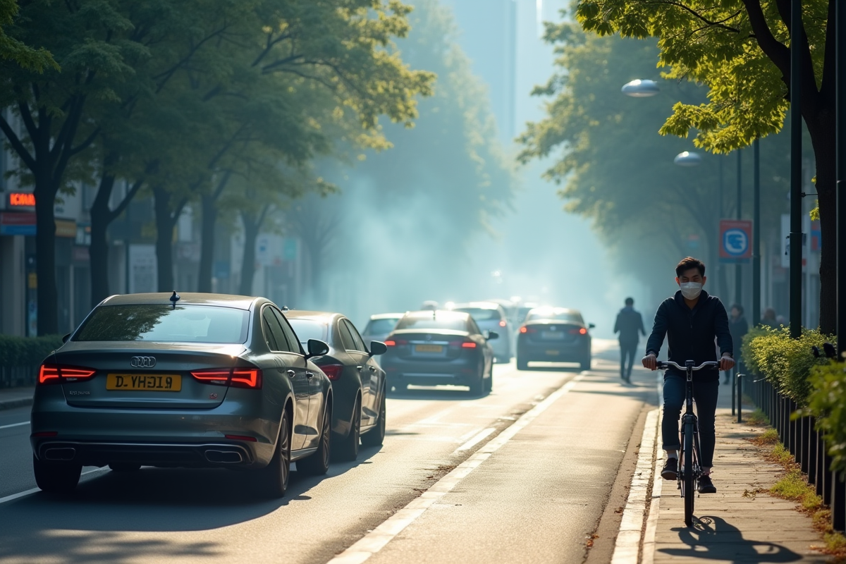Intersection urbaine avec voitures et piétons masqués