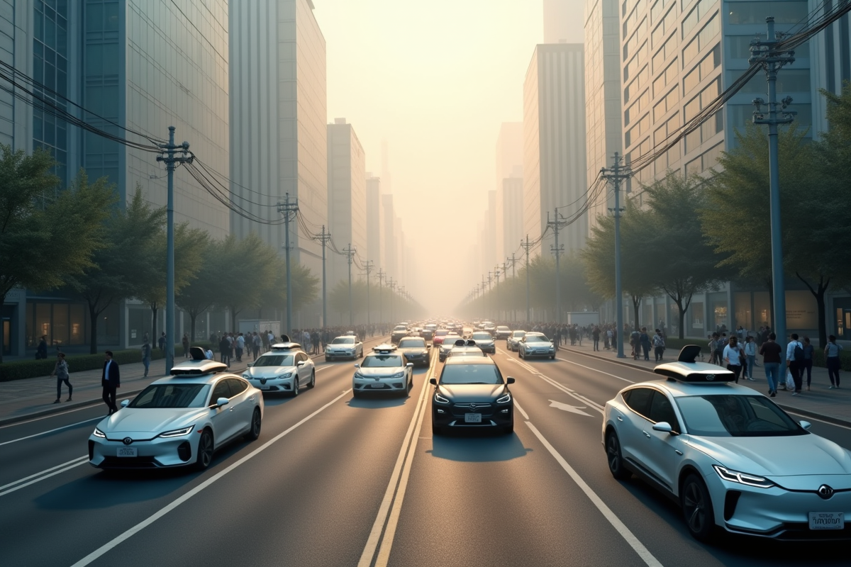 Intersection urbaine avec voitures autonomes en embouteillage pollution