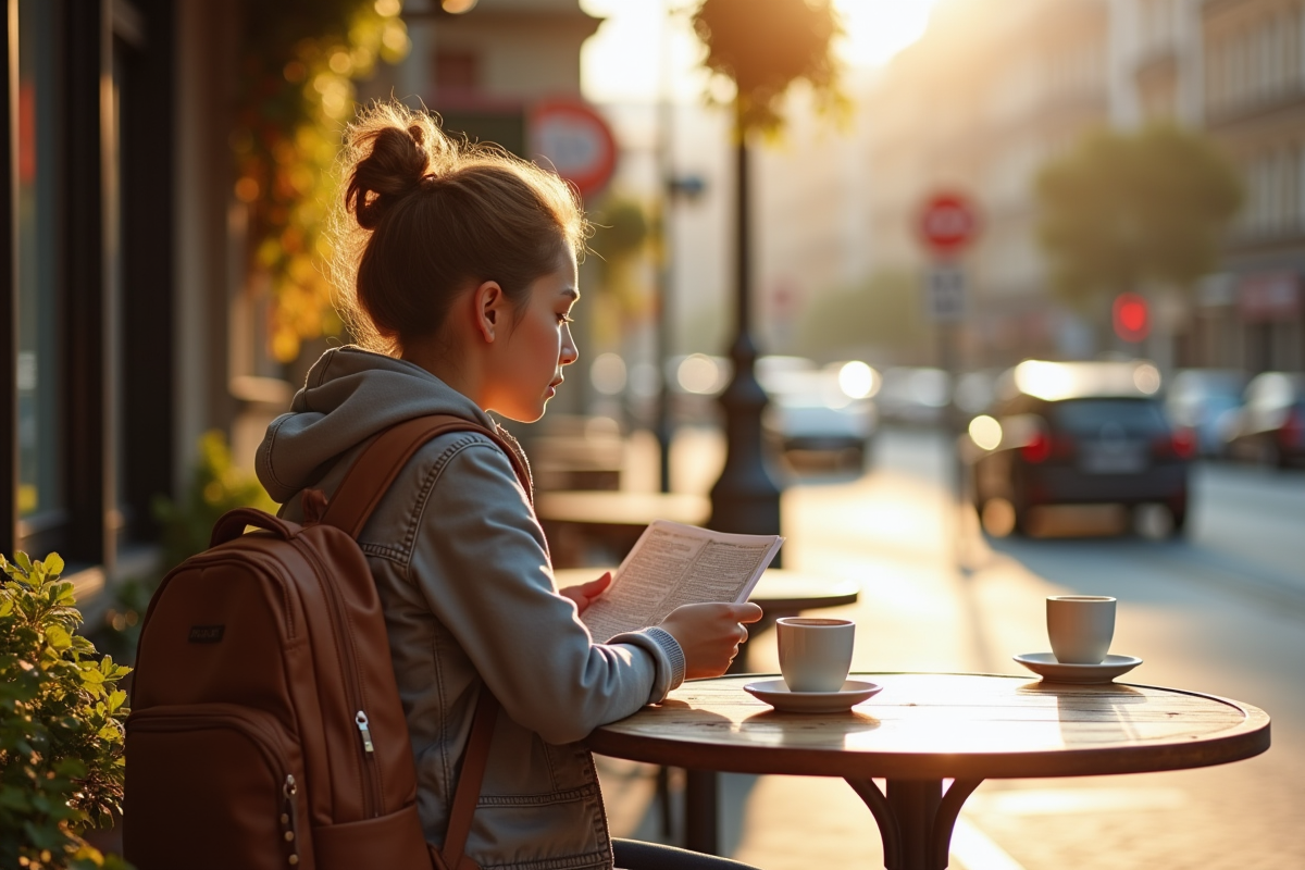 Jeune adulte lisant un guide voyage en café en plein air