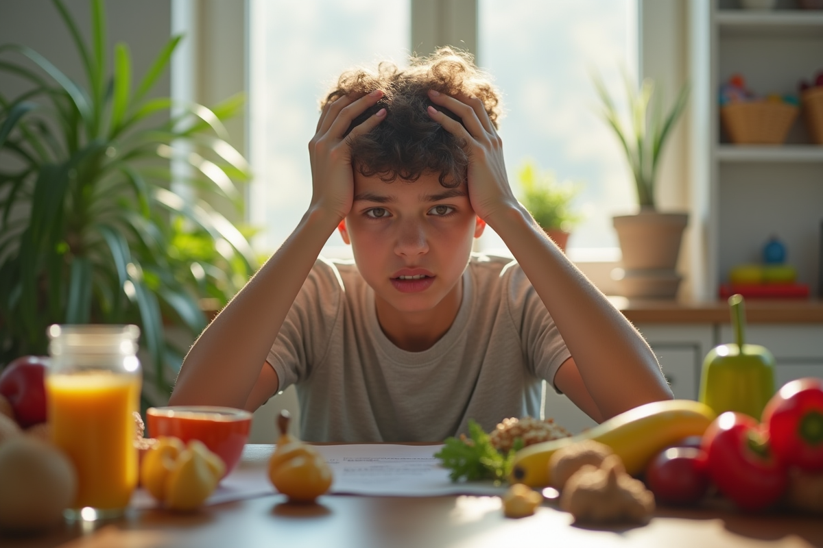 Jeune adulte fatigué à son bureau entouré d'aliments sains et malsains