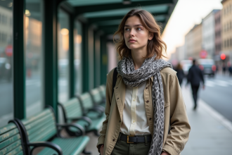 Jeune adulte nonbinaire à un arrêt de bus en ville