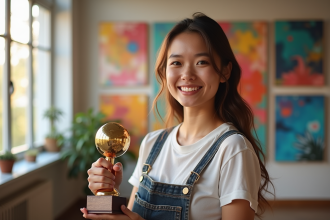 Jeune artiste souriante tenant un trophée d'or devant ses peintures abstraites
