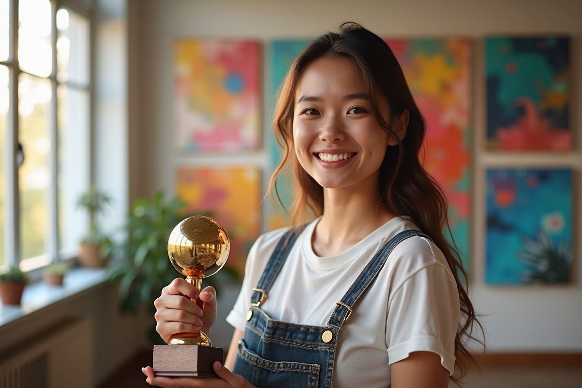 Jeune artiste souriante tenant un trophée d'or devant ses peintures abstraites