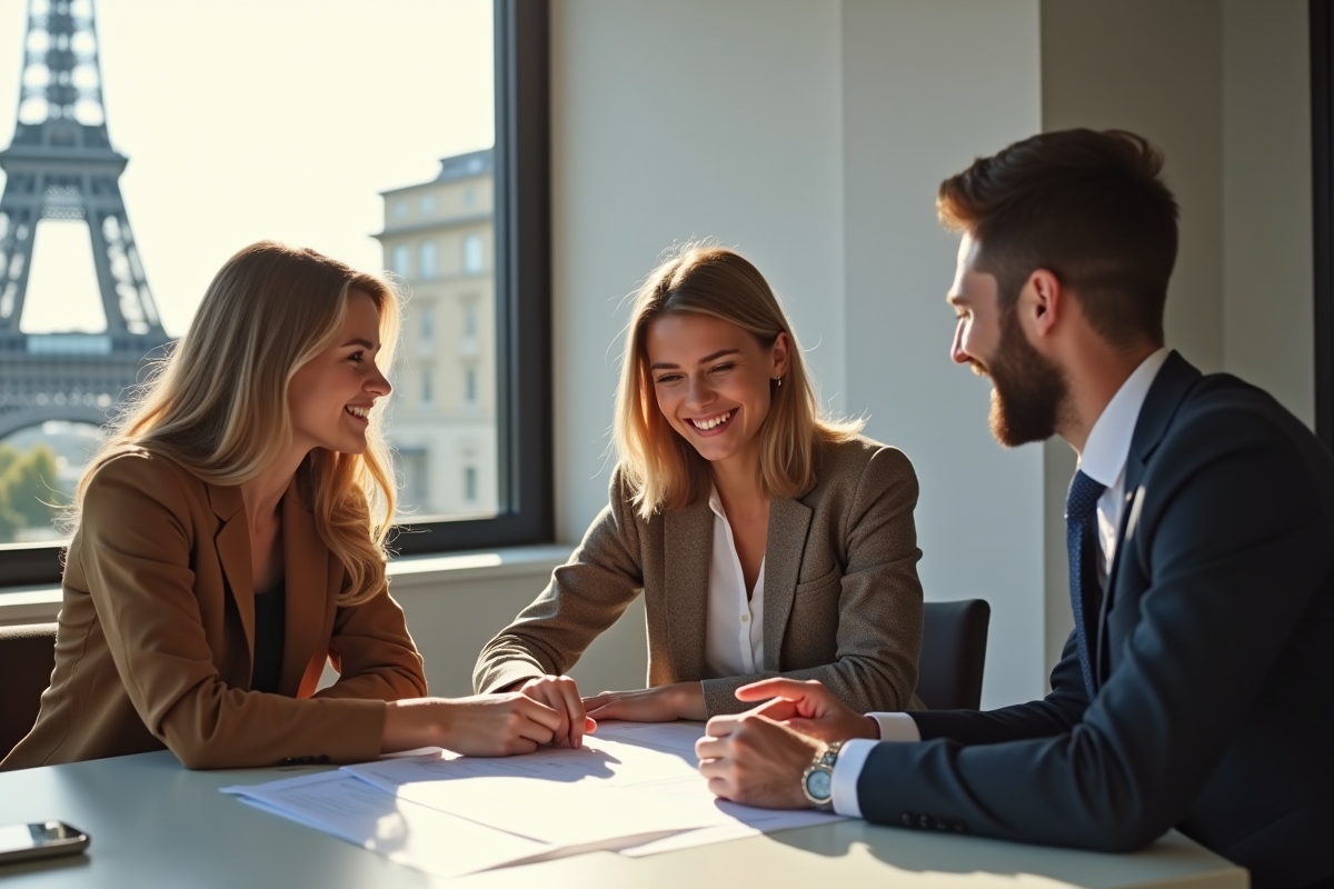 Jeune couple souriant avec conseiller bancaire et documents immobilier