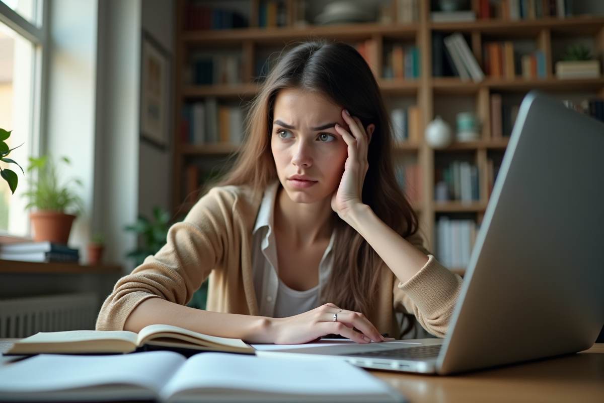 Jeune femme pensant avec surcharge cognitive et anxiete