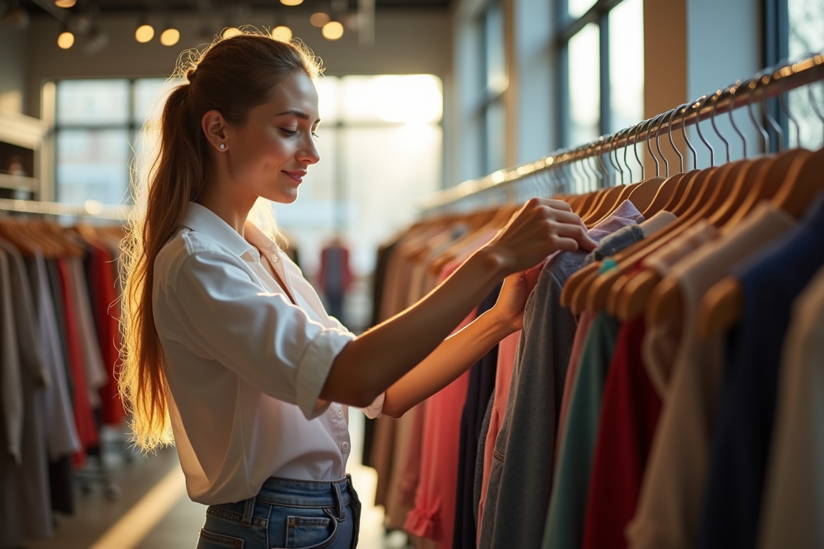 Jeune femme mode dans une boutique lumineuse