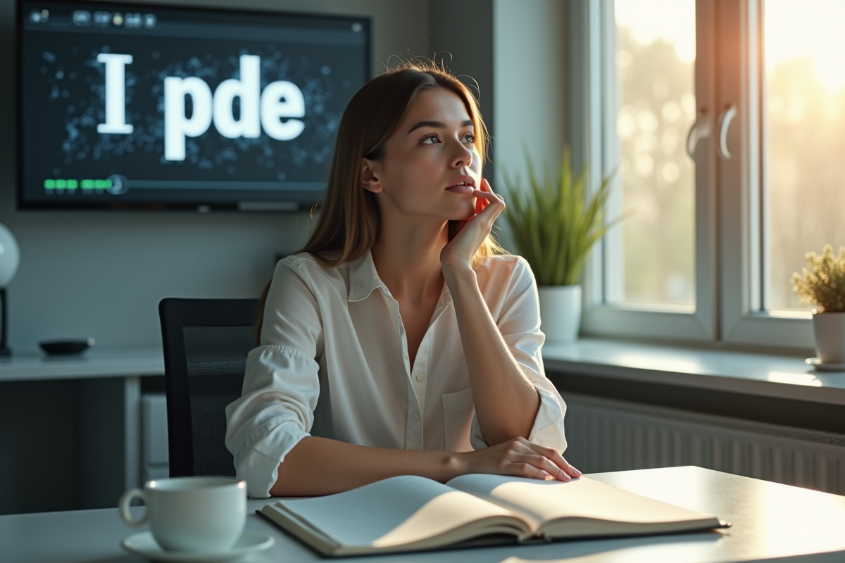 Jeune femme concentrée dans un bureau moderne avec écrans et cahiers
