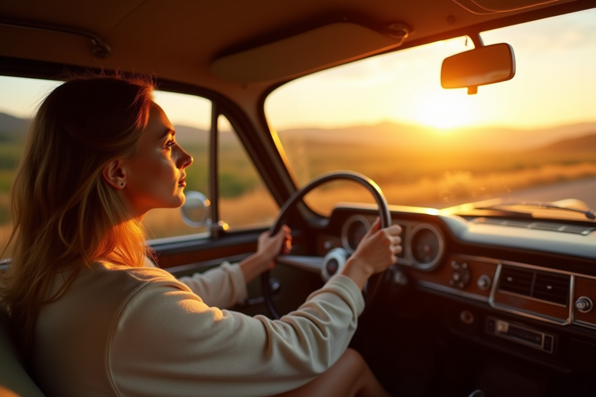 Jeune femme conduisant une voiture rétro au coucher du soleil