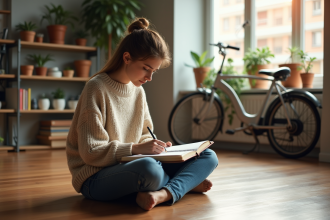 Jeune femme en sweater dessinant dans son appartement lumineux