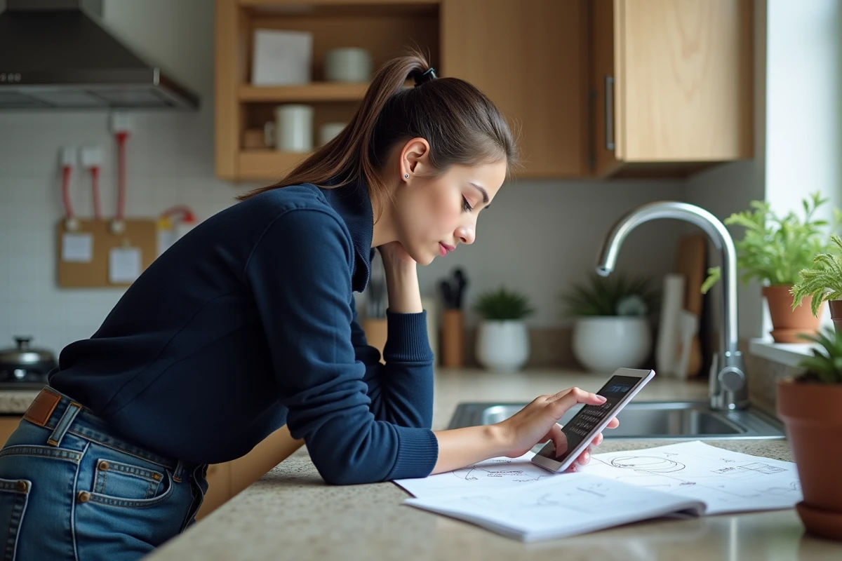 Jeune femme utilisant une tablette dans une cuisine lumineuse