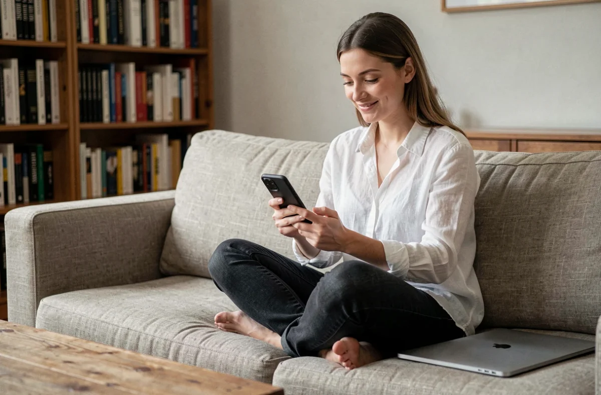 Jeune femme lisant des articles de blog sur smartphone depuis son canapé, illustrant une veille rapide et intégrée à la routine quotidienne