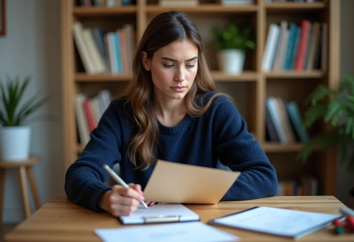 Jeune femme concentrée à son bureau à domicile