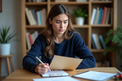 Jeune femme concentr&eacute;e &agrave; son bureau &agrave; domicile