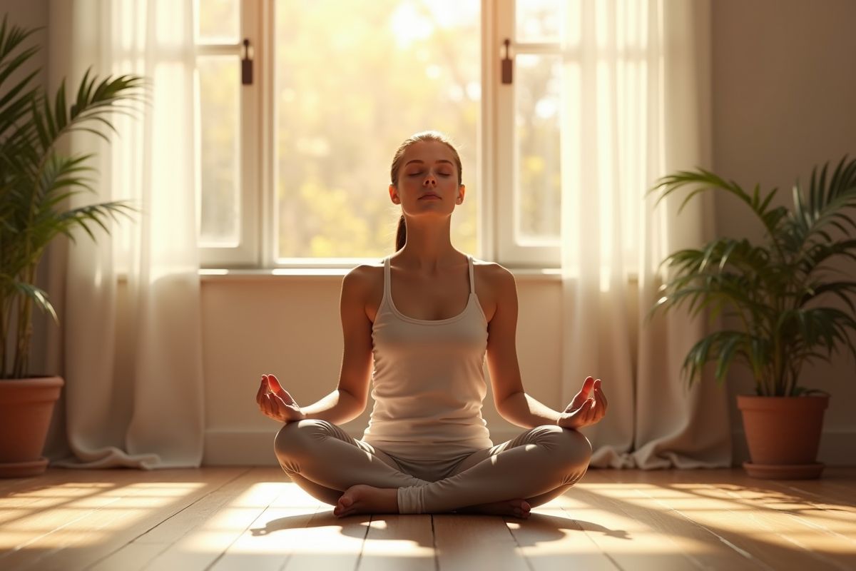 Jeune femme méditant en intérieur avec lumière naturelle