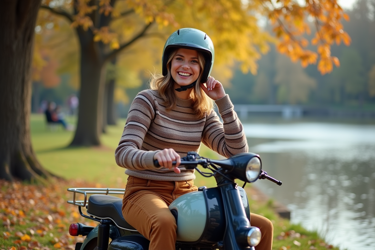 Jeune femme souriante sur moto Dax près du lac en automne