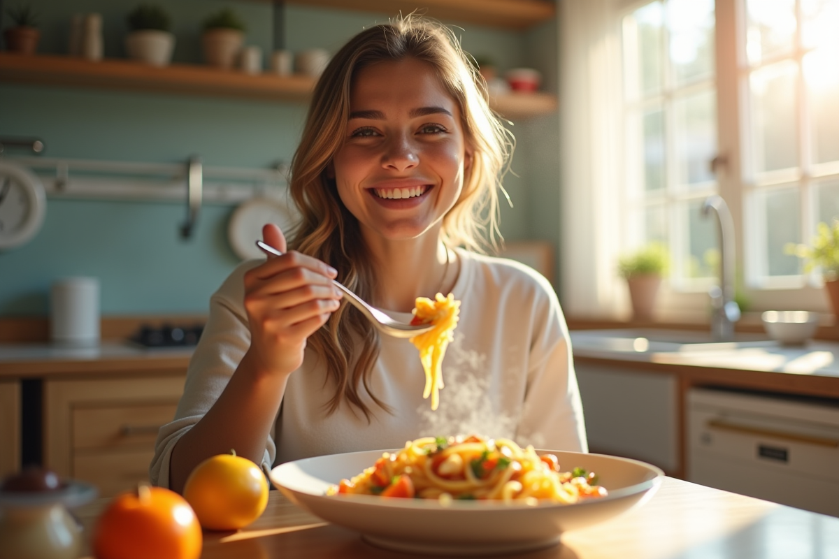 Jeune femme mangeant des pâtes aux légumes dans une cuisine lumineuse