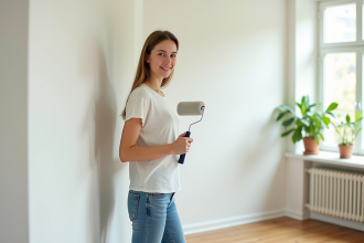 Jeune femme peignant un mur blanc dans un intérieur lumineux