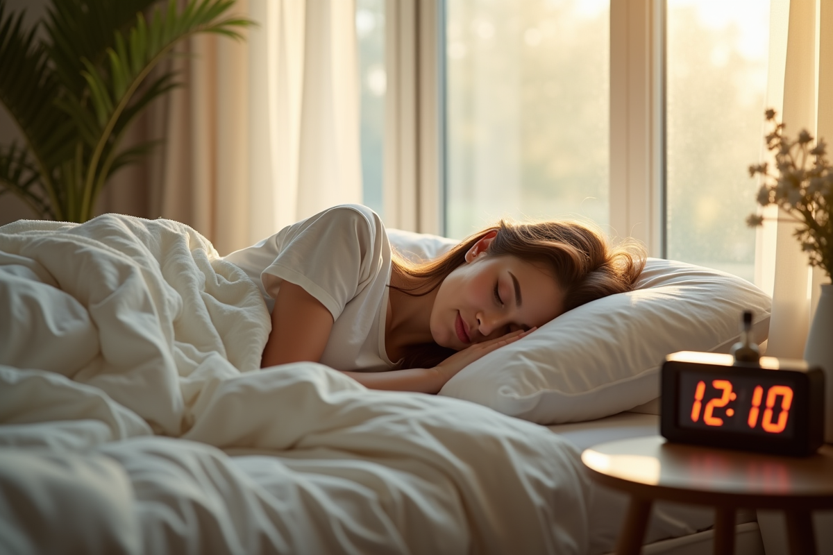 Jeune femme dormant paisiblement dans une chambre lumineuse