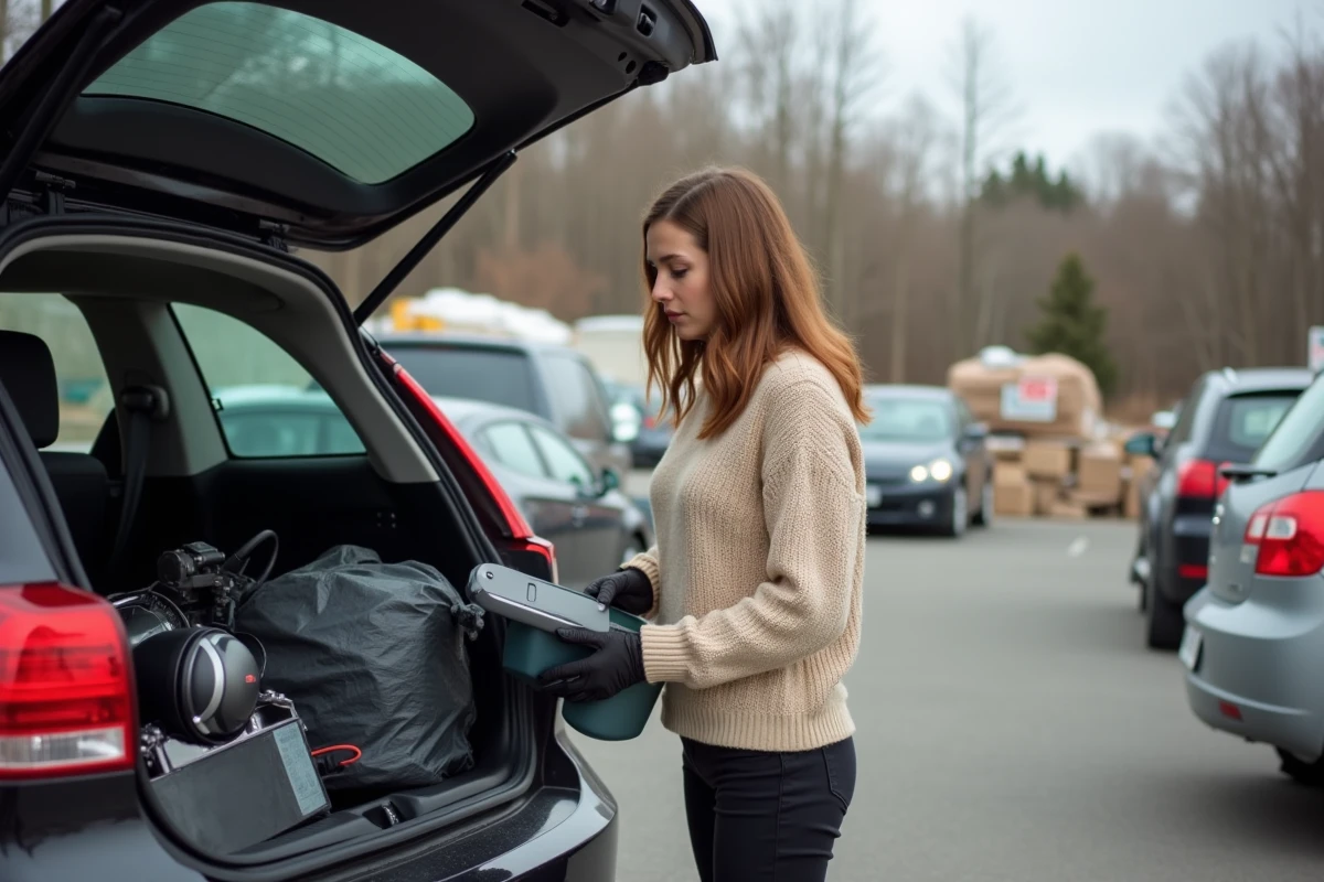 Jeune femme séparant des appareils électroniques à la déchèterie
