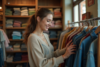 Jeune femme examine un pull vintage dans une boutique de seconde main