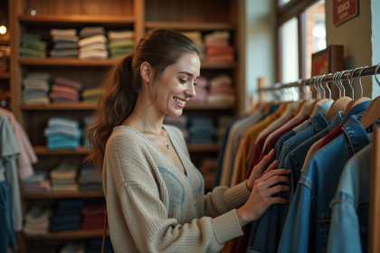 Jeune femme examine un pull vintage dans une boutique de seconde main