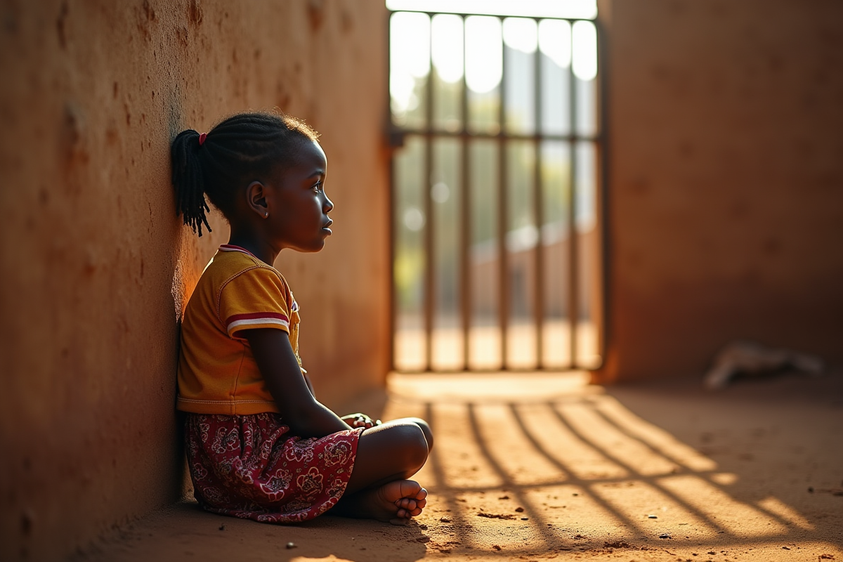 Jeune fille africaine assise seule devant une école rurale