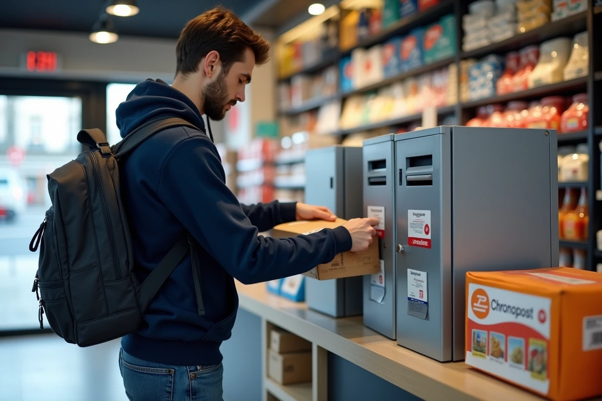 Jeune homme déposant un colis dans une borne en magasin