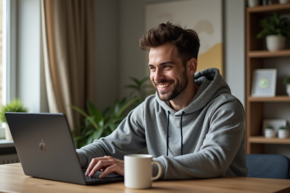 Jeune homme concentr&eacute; avec son laptop et logo Dogecoin