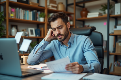 Jeune homme anxieux au bureau avec calendrier chaotique