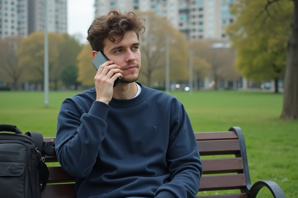 Jeune homme au parc parlant au téléphone