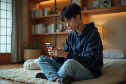 Jeune homme en hoodie regardant son smartphone dans un salon japonais