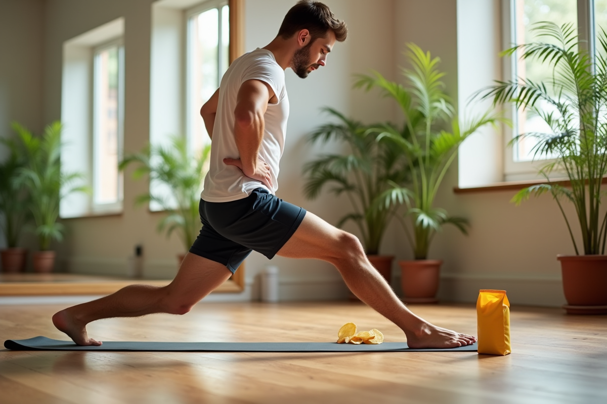Jeune homme en yoga regardant des chips dans un studio lumineux