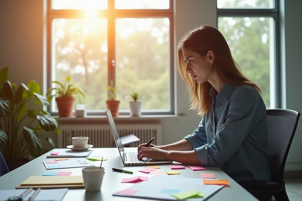 Jeune professionnel en brainstorming au bureau lumineux