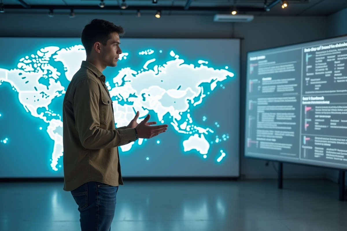 Jeune chercheur expliquant données devant carte digitale