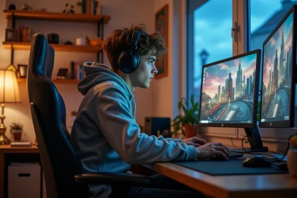 Jeune homme gamer jouant &agrave; Dofus sur son ordinateur &agrave; la maison