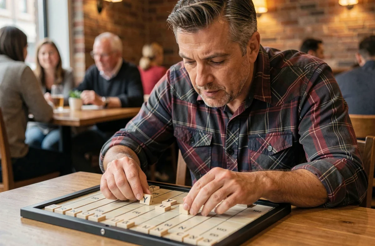 Homme concentré tenant ses tuiles Scrabble dont la lettre Y dans un café lors d'une soirée de jeux