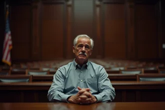 Homme seul dans un box de jury dans une salle d'audience sombre, expression troublée, ambiance dramatique de film judiciaire