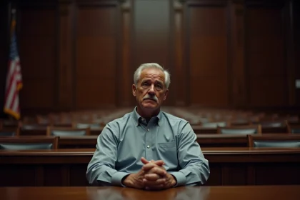 Homme seul dans un box de jury dans une salle d'audience sombre, expression troublée, ambiance dramatique de film judiciaire