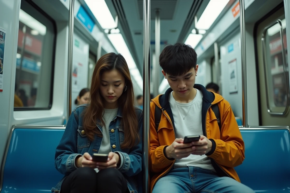 Deux amis lisant des mangas sur leurs smartphones dans le métro, lecture mobile de mangas gratuits en déplacement