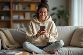Jeune femme lisant un manga sur smartphone dans un salon cosy, illustrant la lecture mobile de mangas en 2026