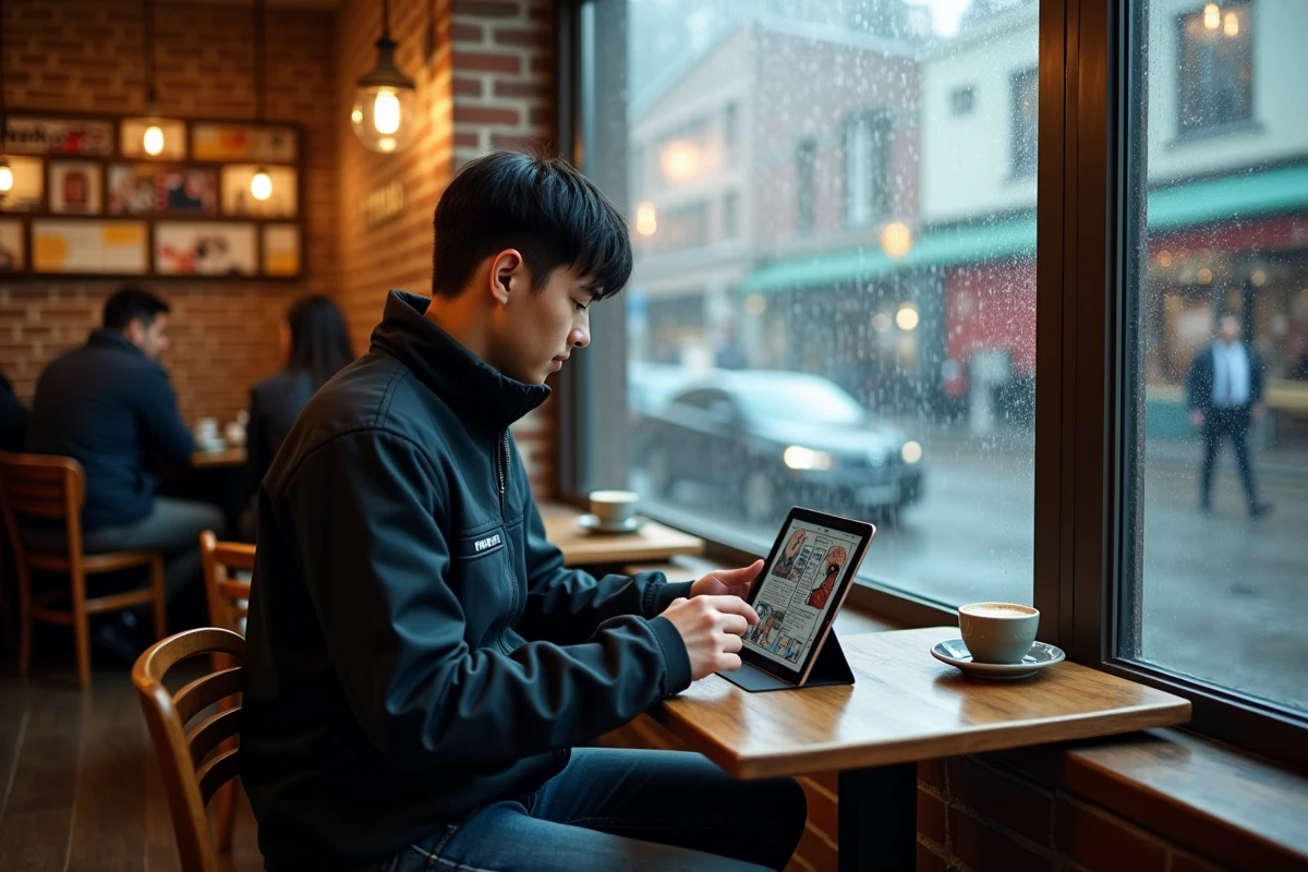 Homme lisant des mangas sur tablette dans un café urbain sous la pluie, usage mobile de plateformes manga gratuites