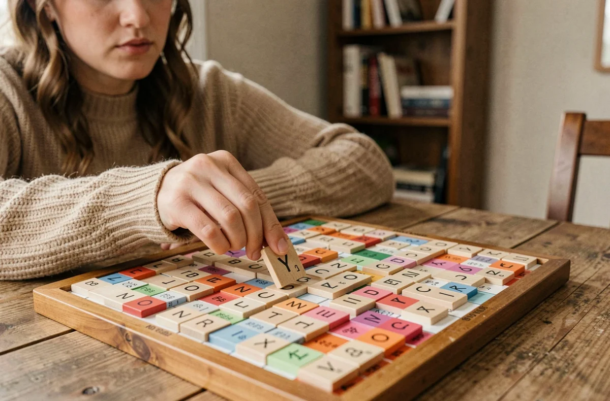 Femme posant une tuile Scrabble avec la lettre Y sur un plateau de jeu en bois lors d'une partie à domicile