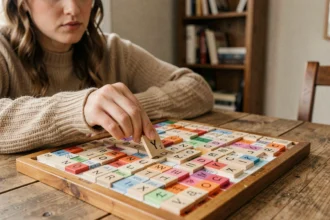 Femme posant une tuile Scrabble avec la lettre Y sur un plateau de jeu en bois lors d'une partie à domicile