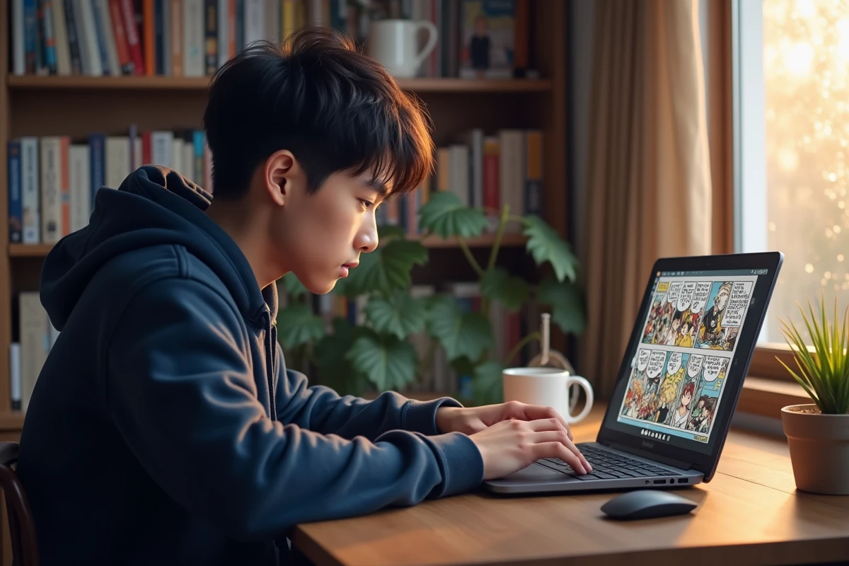 Jeune homme lisant un scan de manga One Piece sur son ordinateur portable dans un bureau à domicile