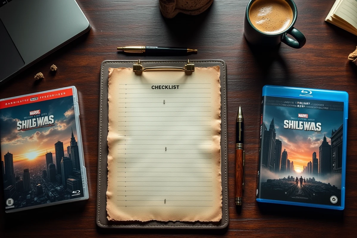 Vue de dessus d'une liste de films Batman à regarder dans l'ordre avec des Blu-ray et un café