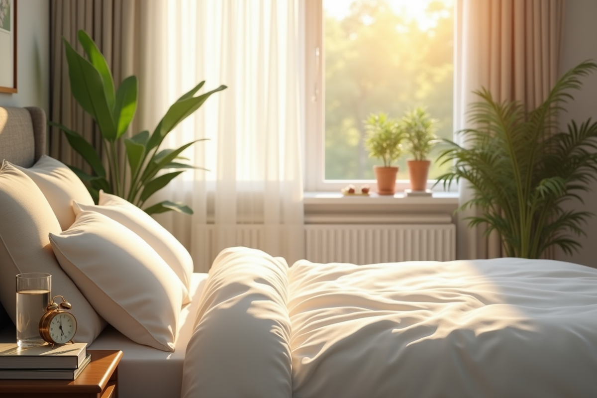 Lit au matin avec plantes vertes et lumière douce