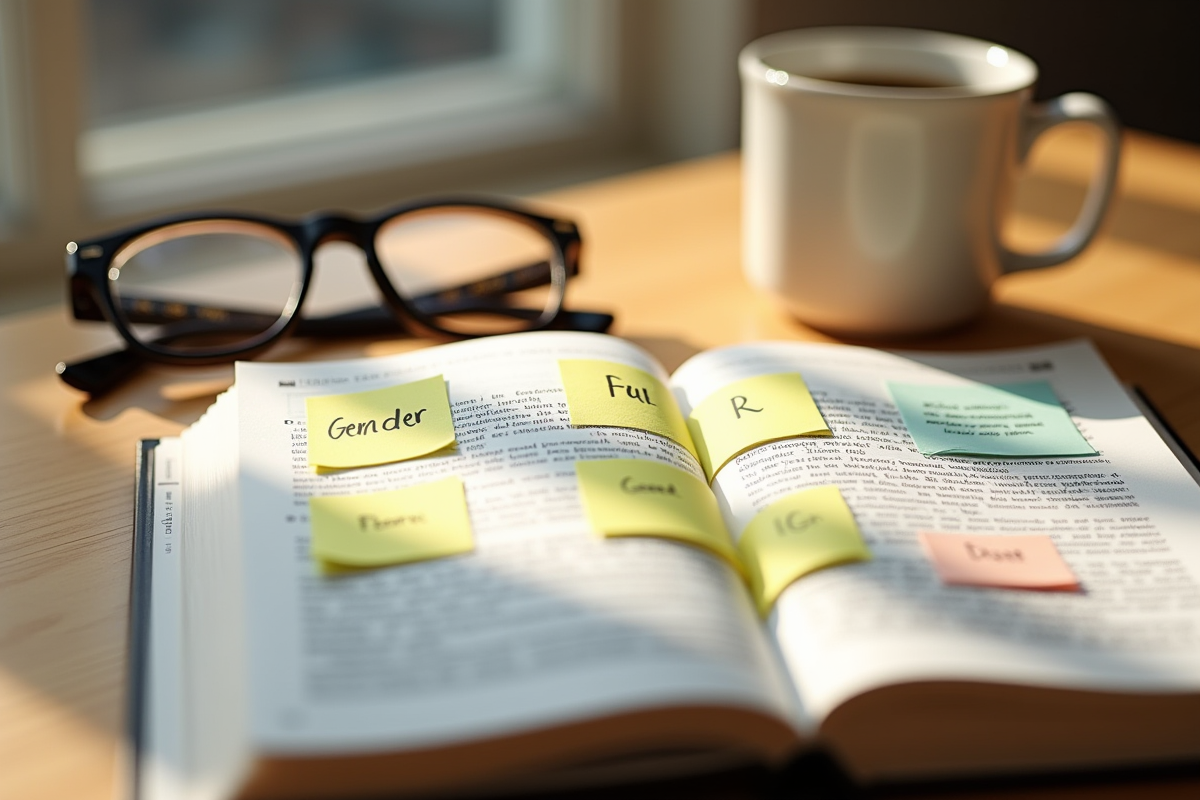 Livre de grammaire francaise ouvert avec notes et mug sur une table lumineuse