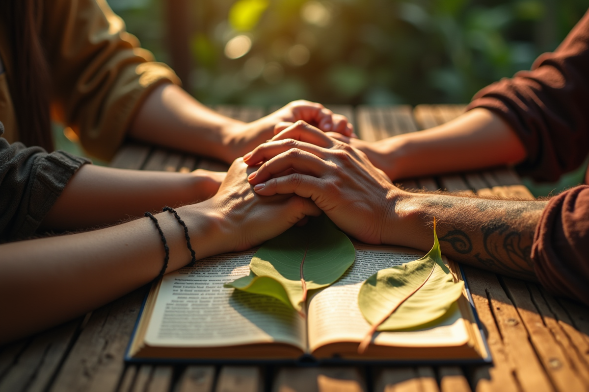 Mains entrelancees sur table avec plantes et journal