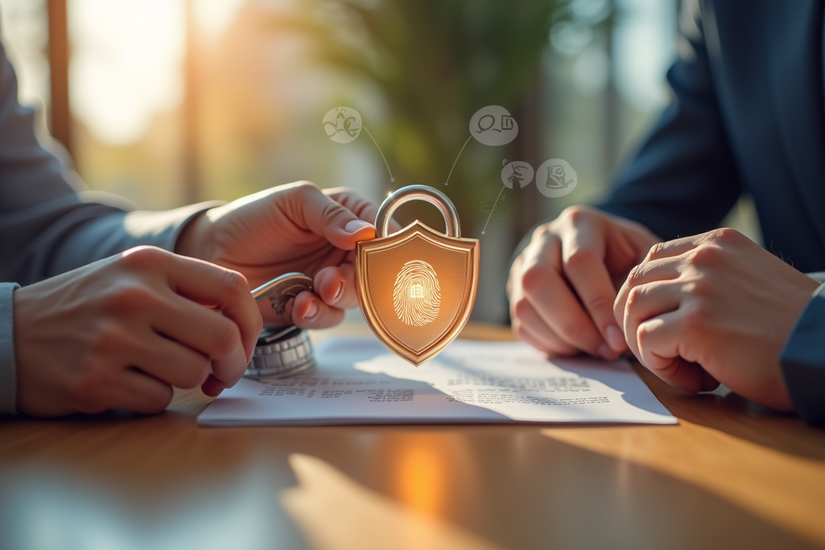 Quatre mains tenant des objets de securite sur une table en bois